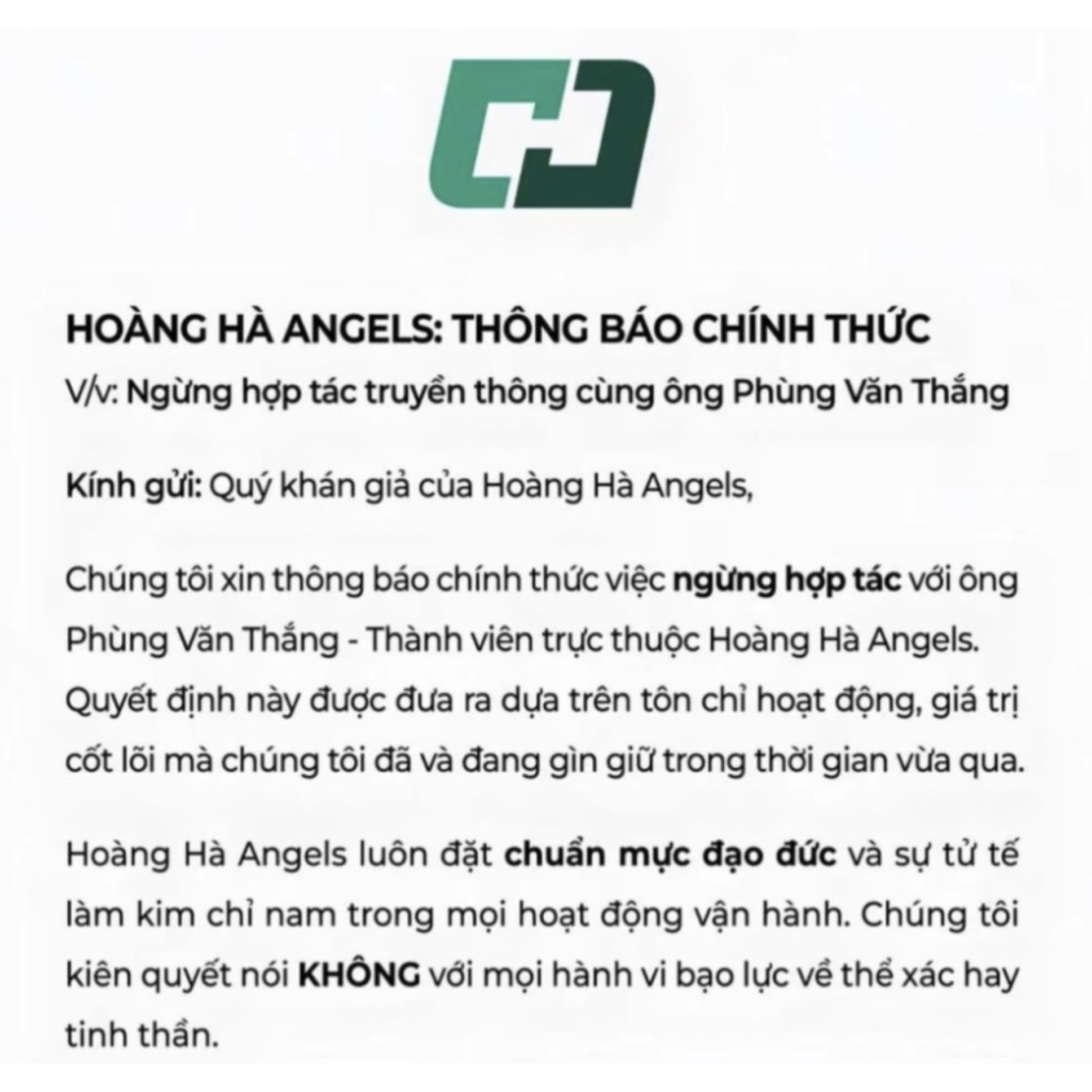 Kênh sáng tạo nội dung của hệ thống bán lẻ Hoàng Hà Mobile thông báo ngừng hợp tác truyền thông với ông Phùng Văn Thắng (Ảnh Chụp màn hình).
